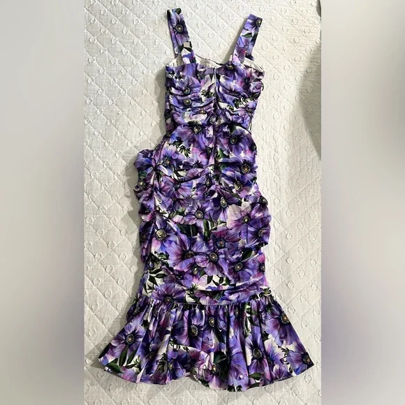 DOLCE & GABBANA PURPLE FLORAL PRINT SILK PENCIL DRESS- SIZE 42 (US 6) - Picture 4 of 14